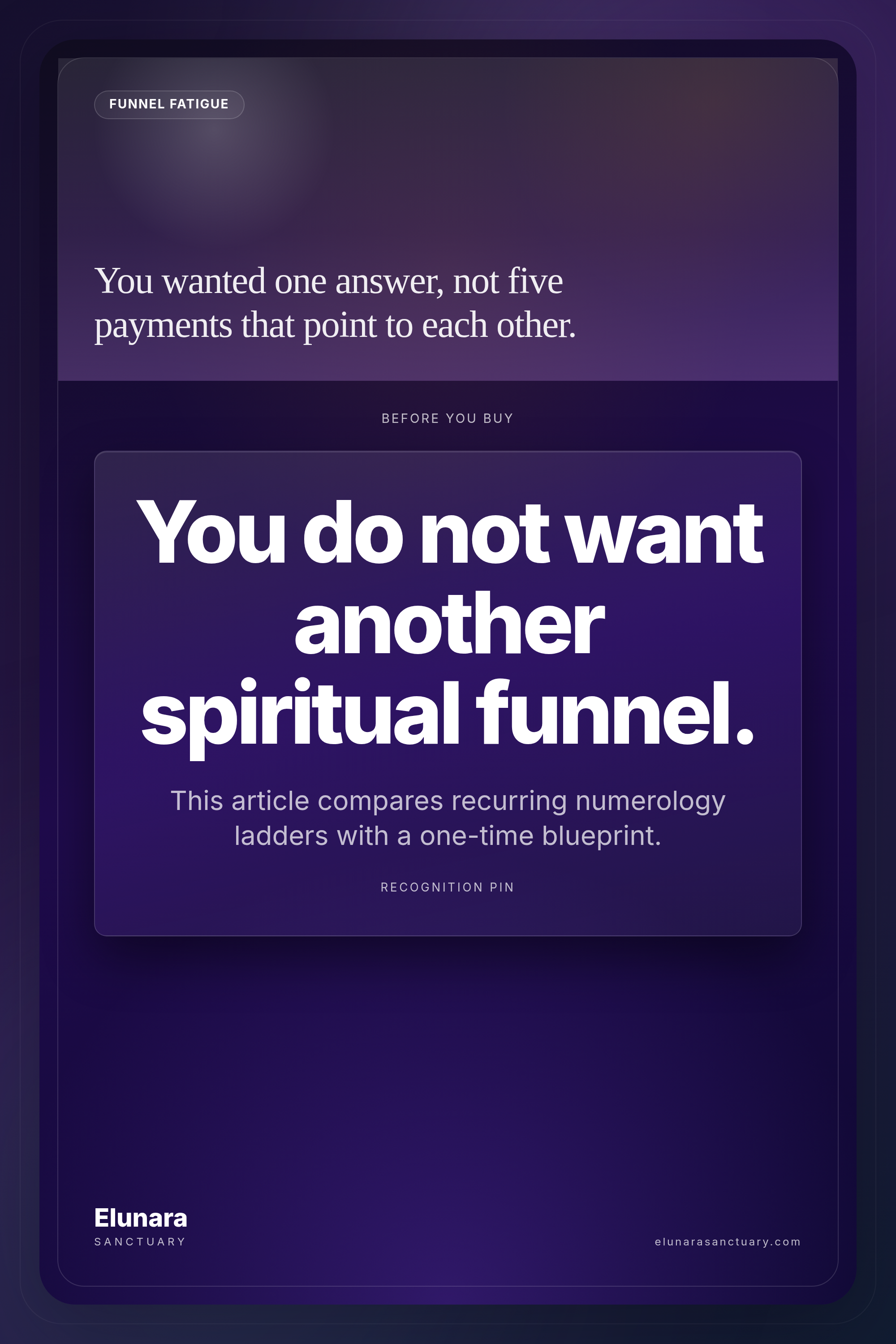 Pinterest pin for Elunara article: one time blueprint vs subscription numerology funnels