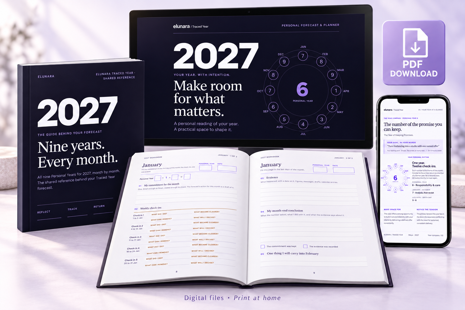 Elunara 2027 PDF bundle shown on a desktop monitor and phone, beside a numerology guide and an open printable workbook.